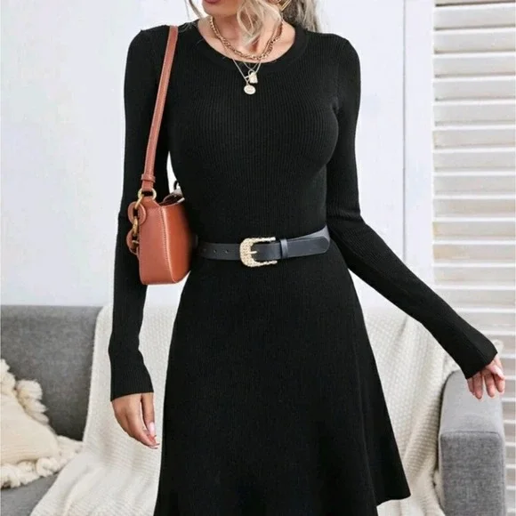 NEW Black Ribbed Long Sleeve Sweater Dress - Picture 3 of 9